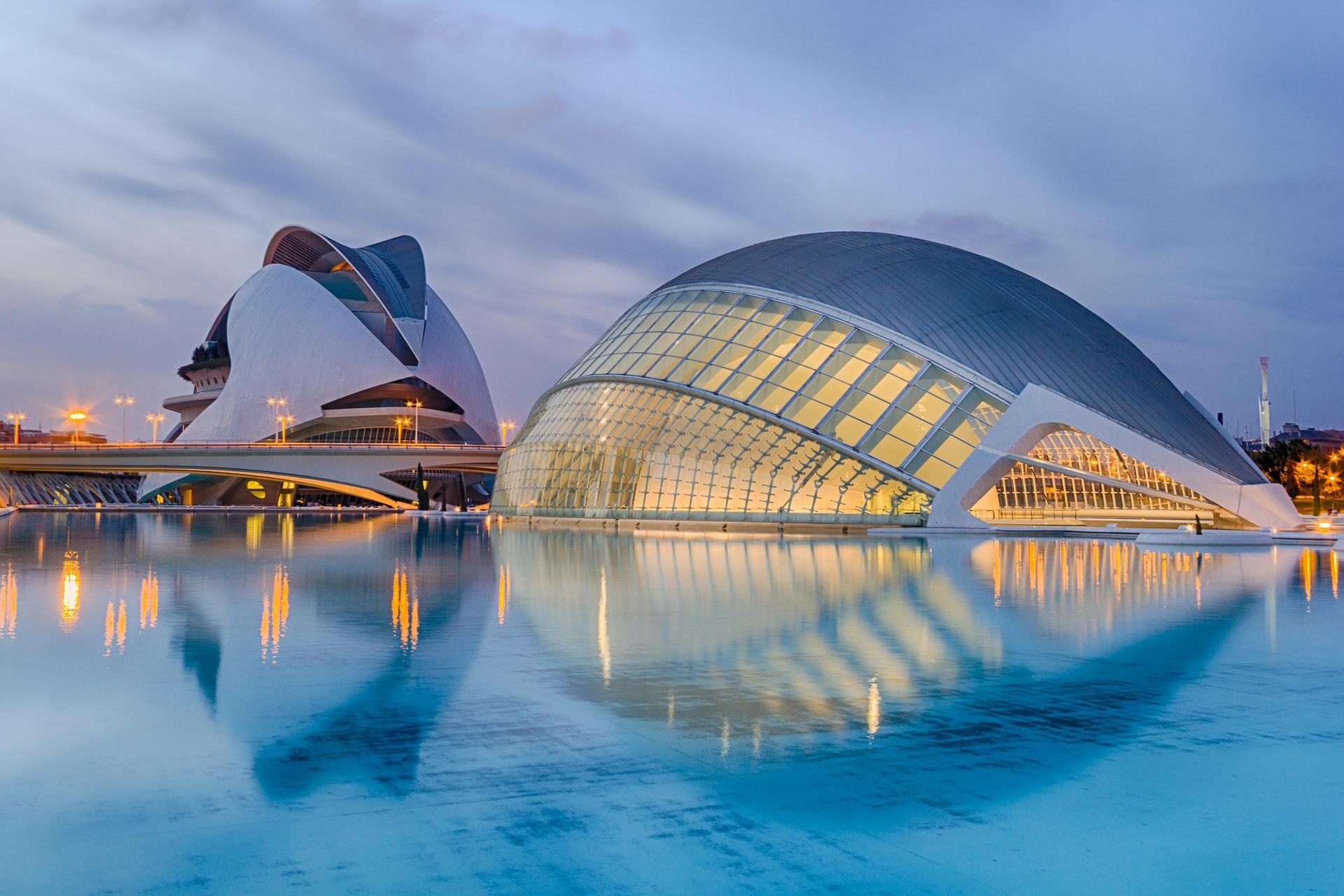 City of Arts and Sciences in Valencia at dusk, reflected in the water
